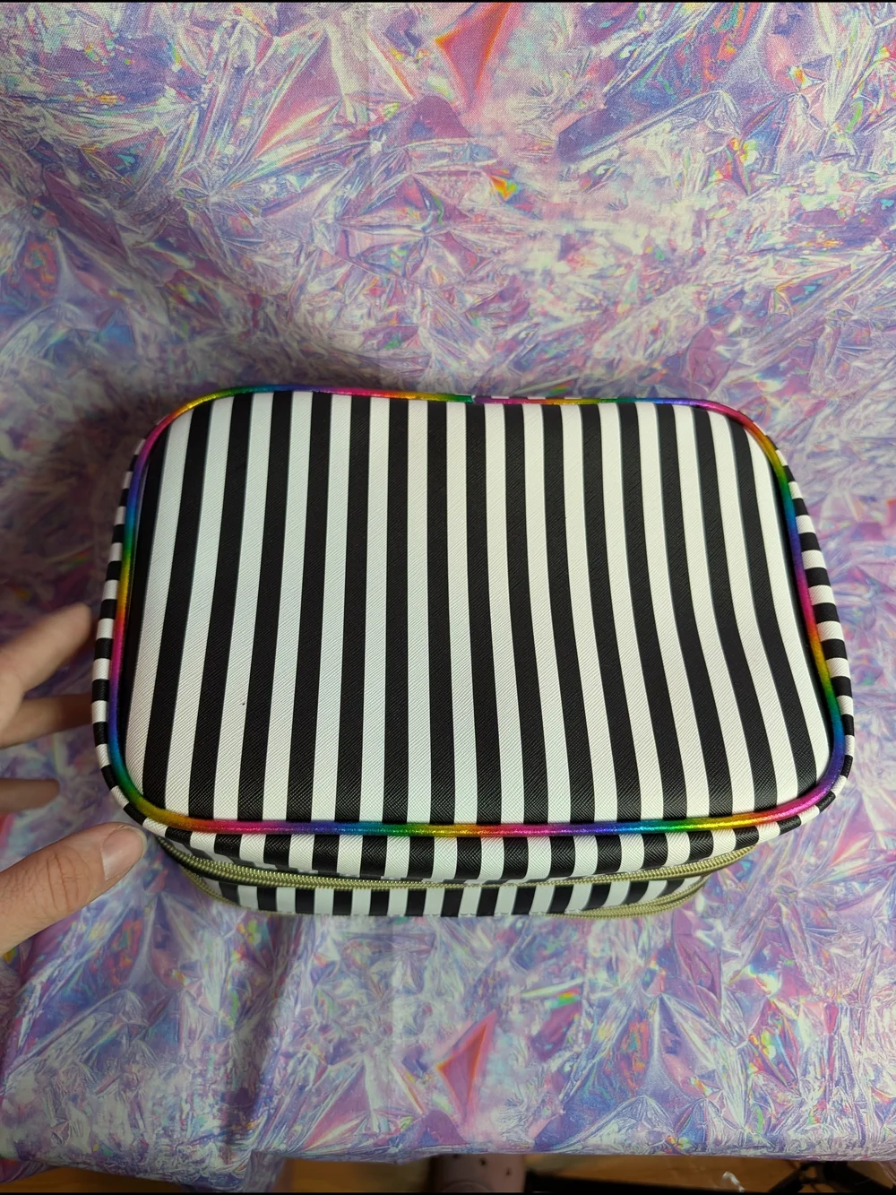 Underonesky Striped 3 Zipper Cosmetic Make Up Case with Rainbow Trim, Used Once